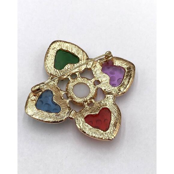 Brooch Pin Four Leaf Hearts Acrylic Colorful Faux Pearl Gold Tone - Picture 6 of 6